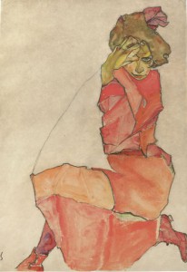 Donna inginocchiata con abito rosso-arancione, 1910